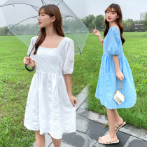 Pregnant womens summer clothes loose and thin pregnant womens dresses fashion western style large size pregnant womens skirts net red square collar tide