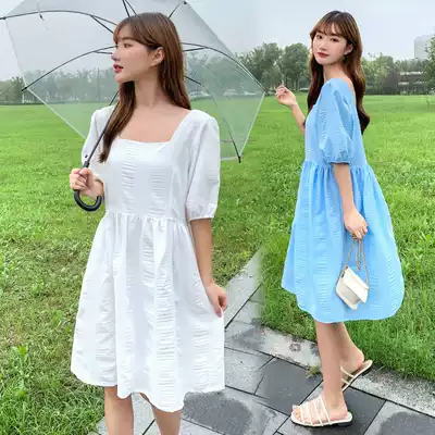 Pregnant women's summer clothes loose thin pregnant women's dress fashion style foreign school big size pregnant women's skirt subnet red style square collar tide