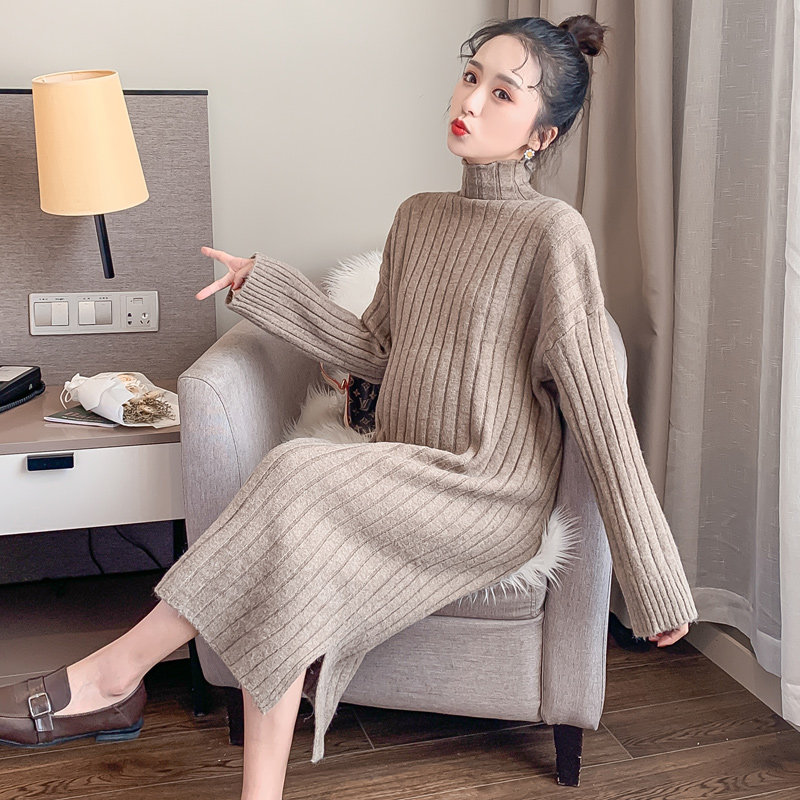 Winter new pregnancy maternity dress thickened knit sweater long dress High collar Autumn winter open fork to bottom skirt pregnant women Ocean Wave