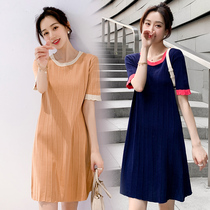 Pregnant women knitted short sleeve summer Net Red foreign air pregnant women dress fashion tide Korean version of long skirt thin model