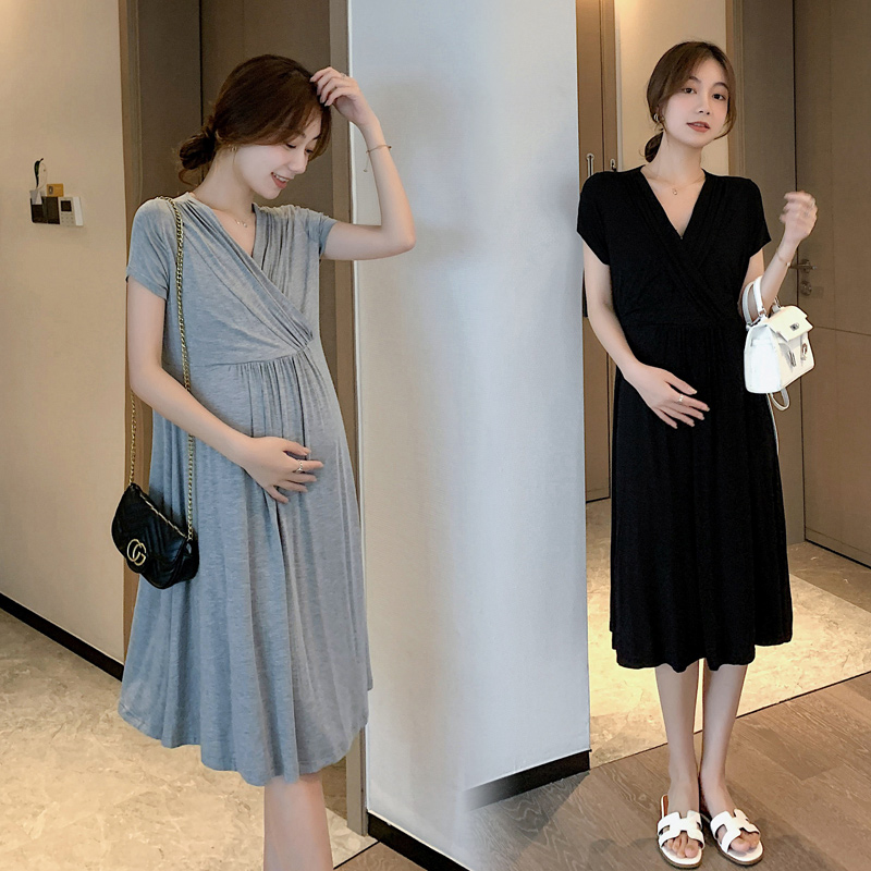 Medium and long version of solid color pregnant women summer loose modal pregnant women dress net red stretch large size women's skirt Korean version