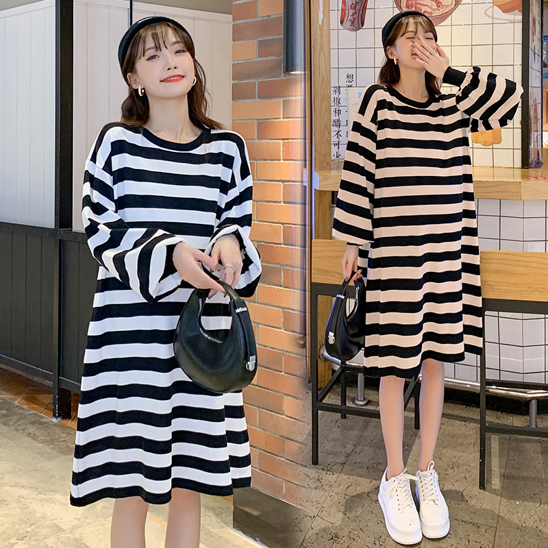 Pregnant Woman Autumn Clothing Fashion New Loose Striped Sweater Dresses Autumn Winter Knit Underskirt Wear Pregnant Women's Ocean Dress Surges