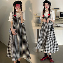 Pregnant women dress long suspender skirt two-piece Large size loose grid network red cotton linen skirt tide fashion