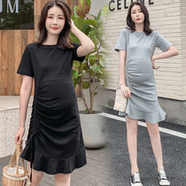 New maternity dress summer slim slim slim side drawstring cotton short sleeve pregnant woman dress foreign style Net red tide tide