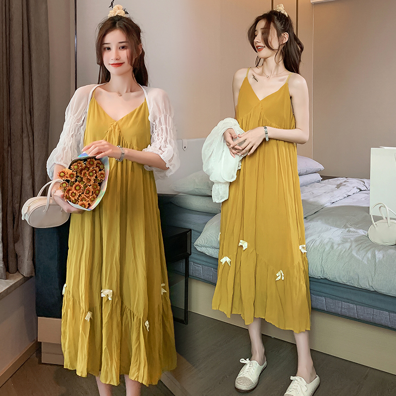 Pregnant women skirt summer dress new suspenders long skirt Western style fashion high-end net red temperament summer chiffon dress trend