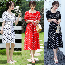 New French temperament pregnant womens dress summer dress pregnant womens fashion high sense wave dot skirt Korean side collar tide