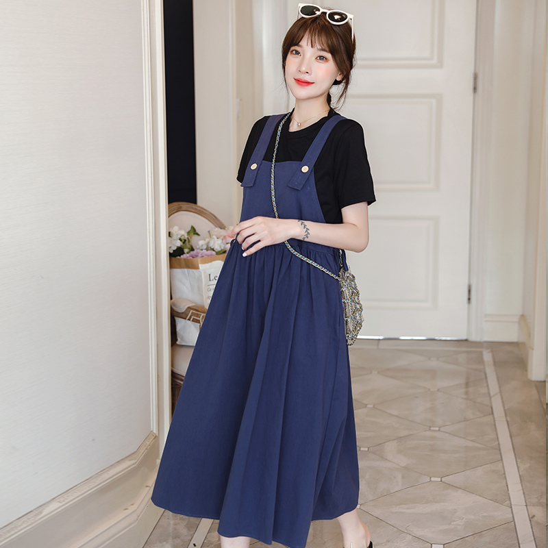 Pregnant Woman Summer New Tide Momma Pure Cotton Cuddling Bag Foreign Dress T-shirt Two Sets Stylish pregnant woman hanging with skirt long dress
