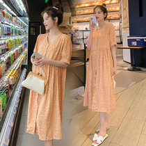Pregnant Women summer flowers long skirt short sleeves pastoral style loose foreign style pregnant women dress Net Red large size loose tide