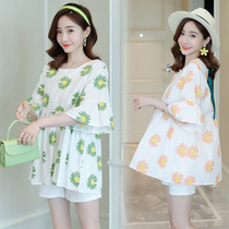 Maternity dress summer Korean version of printed short sleeve top belly shorts Fashion pregnant womens set two-piece thin