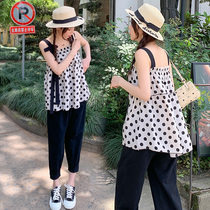 Pregnant women Net red suit fashion foreign style large size sling wave point top belly pants two-piece Korean summer dress