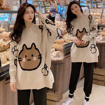 Pregnant women winter sweater fashion cartoon cat thick knitted top pregnant women long sleeve size loose net red tide