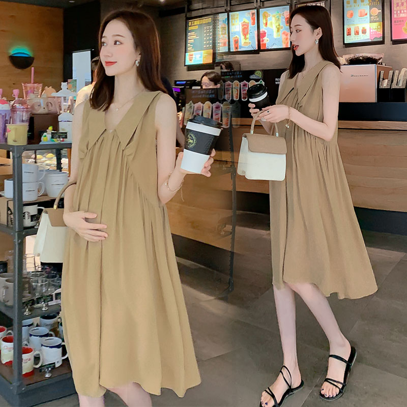 Pregnancy Maternity Dress Summer Dress Han Version Fashion Loose Sleeveless Pregnant Woman Foreign Dress Long Dress Large Size Pregnant Woman Vest Dress