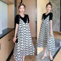 New pregnant women summer dress temperament suspenders skirt jacket two-piece set Net Red foreign style long skirt Korean tide