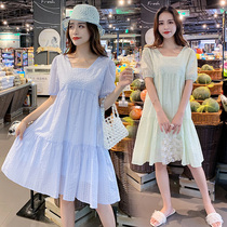 Summer new sweet first love thin French bubble sleeve square collar pregnant woman dress fairy dress long Korean version