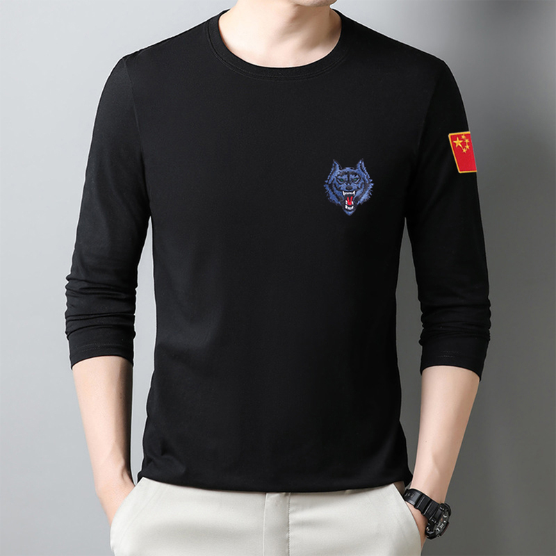 Wolf Head Embroidered T-Shirt for Men, Pure Cotton, Military Style, Tactical Long-Sleeve Special Forces Combat Top, Autumn Camouflage Base Shirt