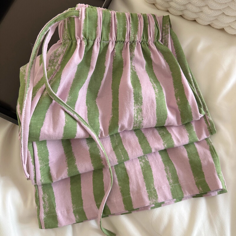 Striped Color-Block Women's Spring and Autumn Pure Cotton Tie-Up Pajama Pants 2026 New Style Loungewear Suitable for Wearing Outside, Walking Pants, Autumn Style