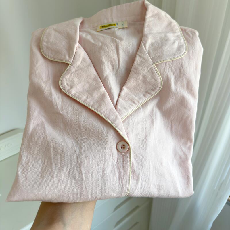 Japanese Minimalist Style Pure Cotton Pink Pajamas for Women, Spring and Autumn 2026 New Long-Sleeved Long Pants Loungewear Two-Piece Set