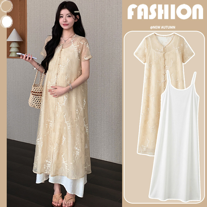 Maternity Summer Dress, Chinese Style, New Chinese Style, French Style Outfit for Pregnant Mothers, Suspender Skirt Two-Piece Set for Summer