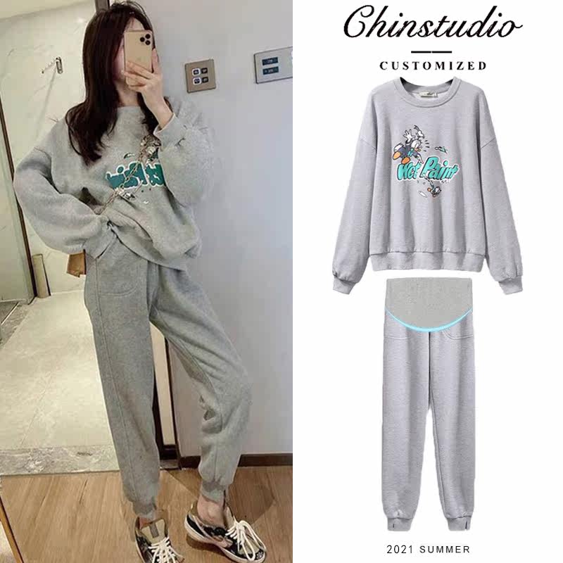 Pregnant women's autumn clothes suit fashion models go out 2021 Spring and autumn new autumn gestation Women in the middle of red pregnancy Two sets