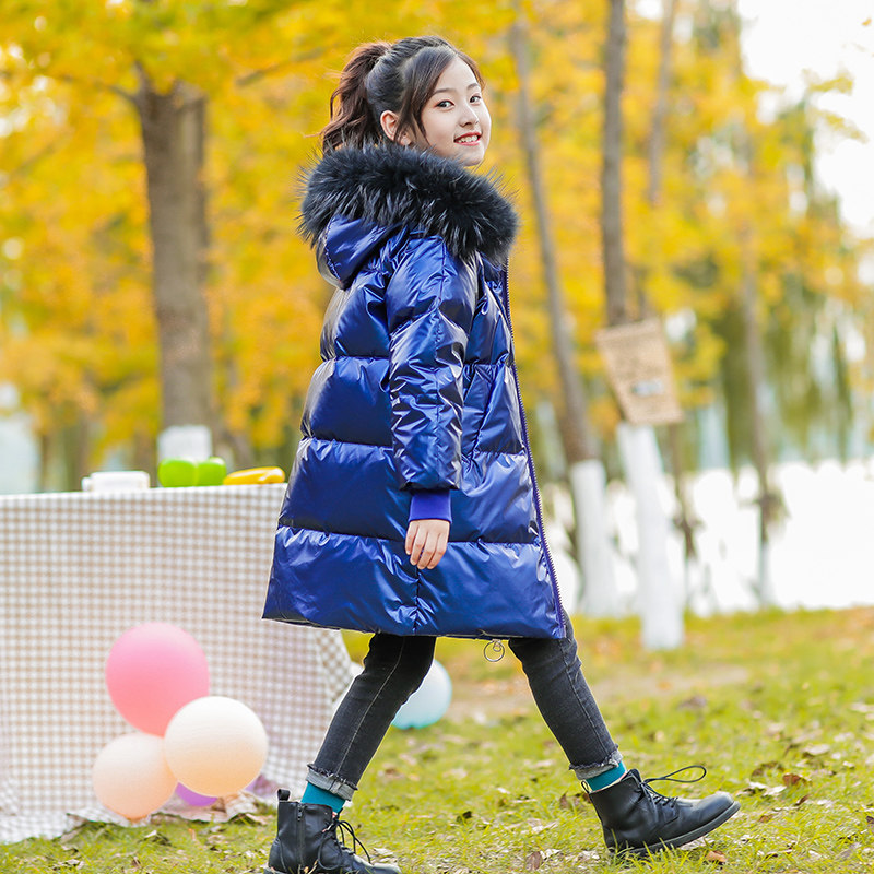 Girls' down jacket medium long bright face pu without washing thickness in the middle of 2021 new Korean Yang Gas girl child