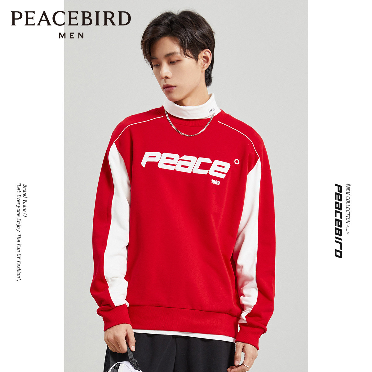 PEACEBIRD Men's Clothes Winter New Color Contrast Stitching Casual Round Neck Pullover Terry Sweater Men's Fashion