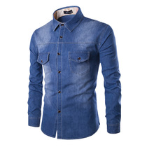 American Cowboy Shirt Male Casual Jacket Men Denim Shirt Chest Front Double Pockets Manmade Long Sleeve Shirt