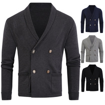 Business mens spring and autumn new double-row buttoned-knitted sweatshirt 100 mens boomer 100 hitch-turned-collar sweater jacket for men
