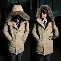 Export Korea foreign trade plus velvet thickened medium-length coat mens hooded cotton jacket winter cotton jacket mens coat tide