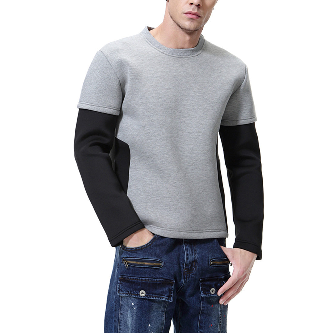 Tide brand stitching long-sleeved space suit cotton round neck thick cotton T men's autumn and winter thickening loose casual clothes coat
