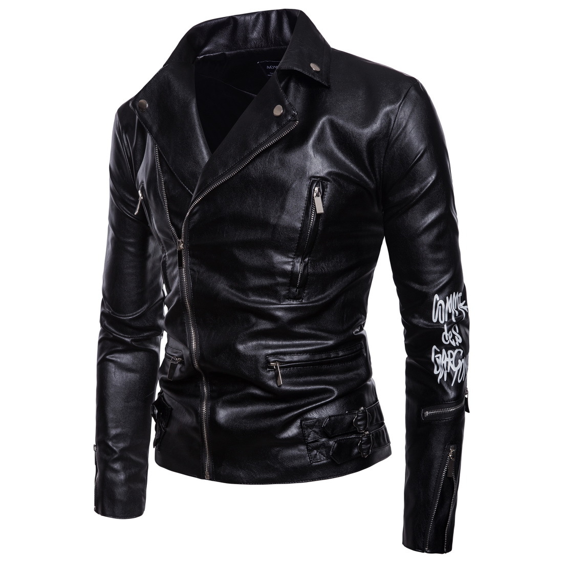 Personality Male God Moto Men's Locomotive Skew Zipper Printed Leather Clothing Punk Hareleather Jacket Jacket for a dress-Taobao