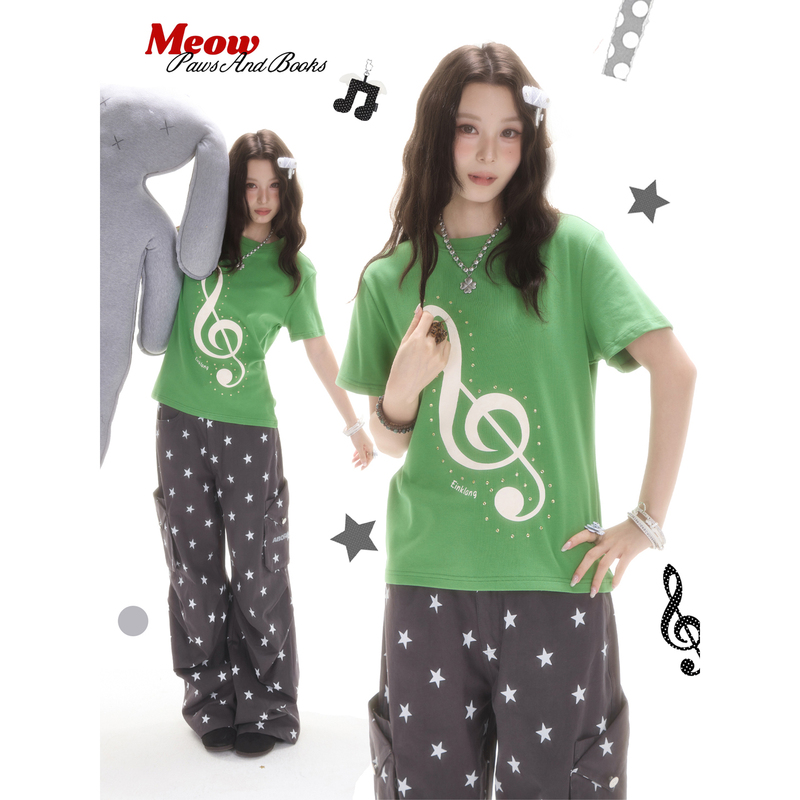 Cat and Study Room Dopamine Style Musical Note Print Short Sleeve T-Shirt for Women with Rhinestones, Ins Street Style Versatile Top