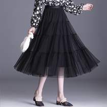 2021 Autumn New pleated mesh dress womens long high waist A- shaped cake skirt black slim skirt