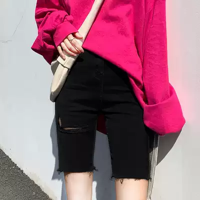 Pregnant women denim shorts spring and autumn thin wear black tight hole five-point pants fashion riding pants tide