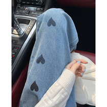 Pregnant women straight jeans Spring and Autumn wear thin black loose fashion embroidery wide leg pants long pants spring and summer