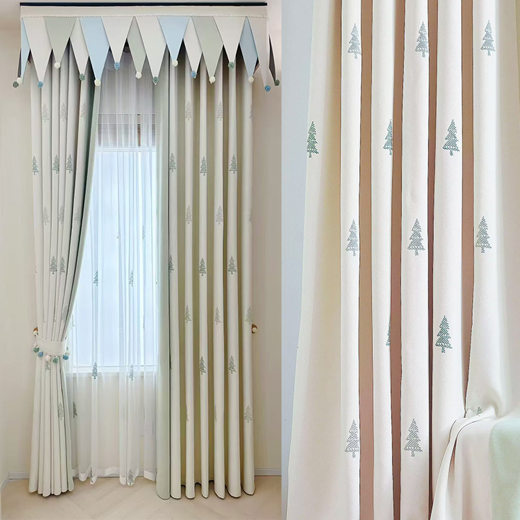 New Cartoon Christmas Tree Embroidered Cream White Chenille Children's Room Curtains for Boys and Girls Bedroom Bay Window Blackout Fabric