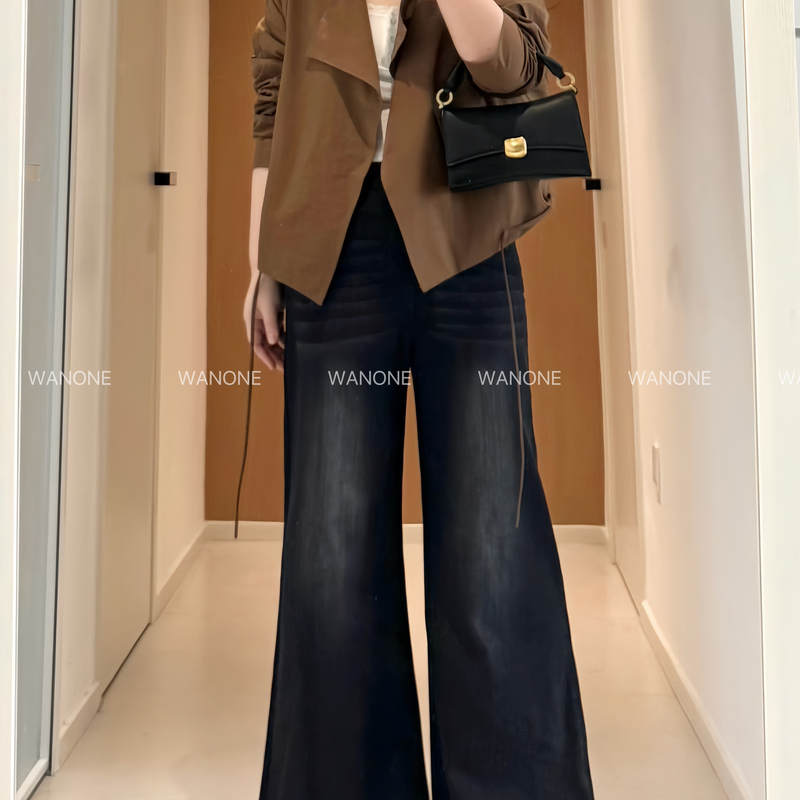 [Old Money Pants] Maru One Plus Size Spring Wide-Leg Flared Jeans Vintage Black Gray Slimming and Flattering