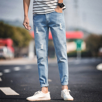 Summer thin jeans mens fashion brand slim fit elastic wild nine-point small pants Korean version of the trend hole pants men