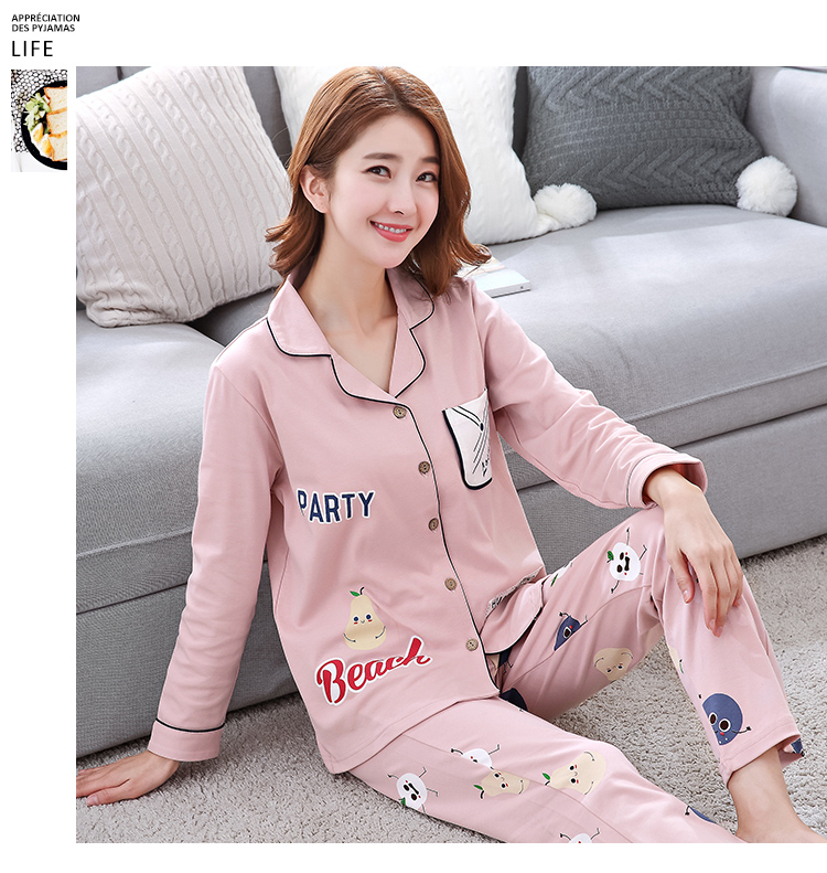 Đồ ngủ nữ cotton dài tay Hàn Quốc mùa xuân và mùa thu ladies thin phần hai mảnh XL cardigan dịch vụ nhà phù hợp với mùa hè