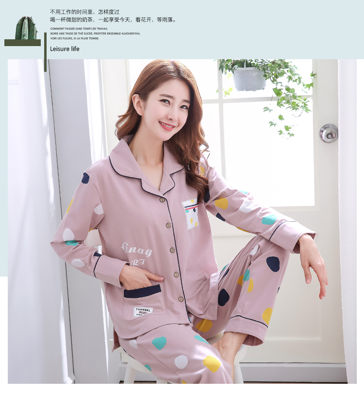 Đồ ngủ nữ cotton dài tay Hàn Quốc mùa xuân và mùa thu ladies thin phần hai mảnh XL cardigan dịch vụ nhà phù hợp với mùa hè