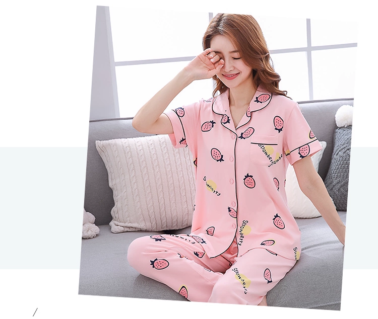 Bộ đồ ngủ mùa hè của phụ nữ cotton phù hợp với quần ngắn tay hai mảnh nữ mùa hè cộng với phân bón XL có thể được mặc bên ngoài dịch vụ gia đình