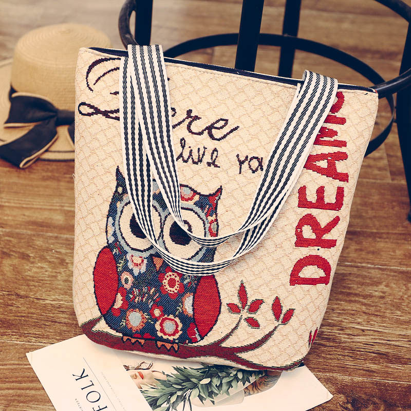 Han Edition New Sail Bag Women Single Shoulder Embroidery Cartoon Owl Academy Wind hand inclined cross-pack eco-friendly shopping bag