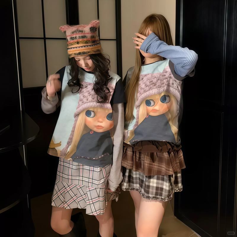 Seoul New Model~26Ss Collaboration with Coyseio Cartoon Doll Long-Sleeve Printed Patchwork Fake Two-Piece T-Shirt Top for Women