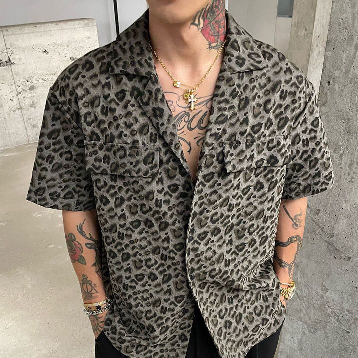 Extra Large Size 150kg American Retro Leopard Print Short-Sleeved Shirt for Men, Summer Trendy Brand Loose Casual Cool Shirt ins
