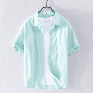 High-End Thin Short-Sleeved Shirt for Men, Summer 2026 New Casual Mint Light Green Shirt, Trendy Pure Cotton Shirt