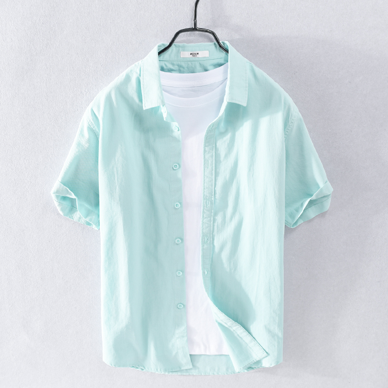 High-End Thin Short-Sleeved Shirt for Men, Summer 2026 New Casual Mint Light Green Shirt, Trendy Pure Cotton Shirt