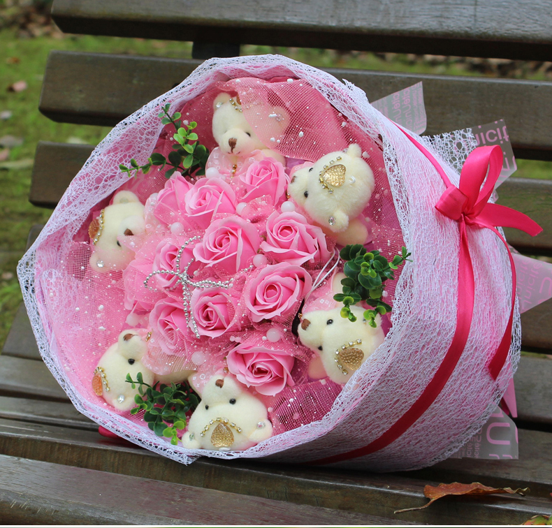 Qixi Lễ Hội Ngày Valentine Phim Hoạt Hình Bouquet Gấu Teddy Bear Búp Bê Tay Nắm Giữ Vợ Cô Gái Món Quà Sinh Nhật giá hoa hồng sáp
