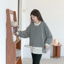 Maternity wear spring new 2024 striped cardigan jacket long-sleeved large size spring and autumn tops simple and versatile trendy mom style