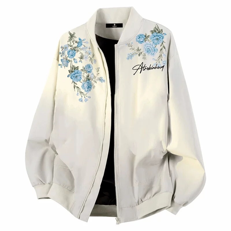 American-Style Floral Print Stand-Up Collar Jacket for Men, Loose Baseball Jacket, Pilot Jacket, Trendy Versatile Baseball Jacket for Men