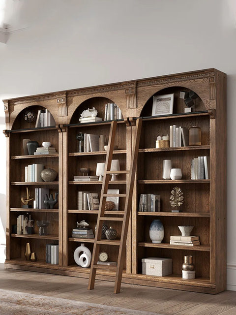 American country retro arched bookcase French solid wood carving neoclassical display cabinet with ladder bookshelf bookcase combination
