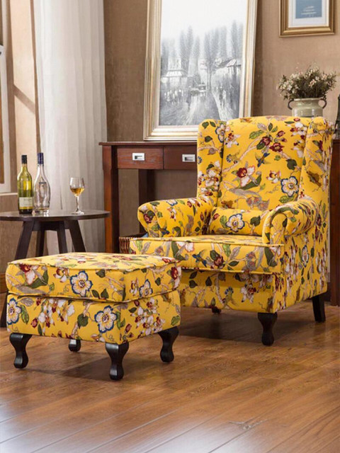 American country retro floral fabric French pastoral Mediterranean living room combination sofa European yellow green cotton and linen sofa